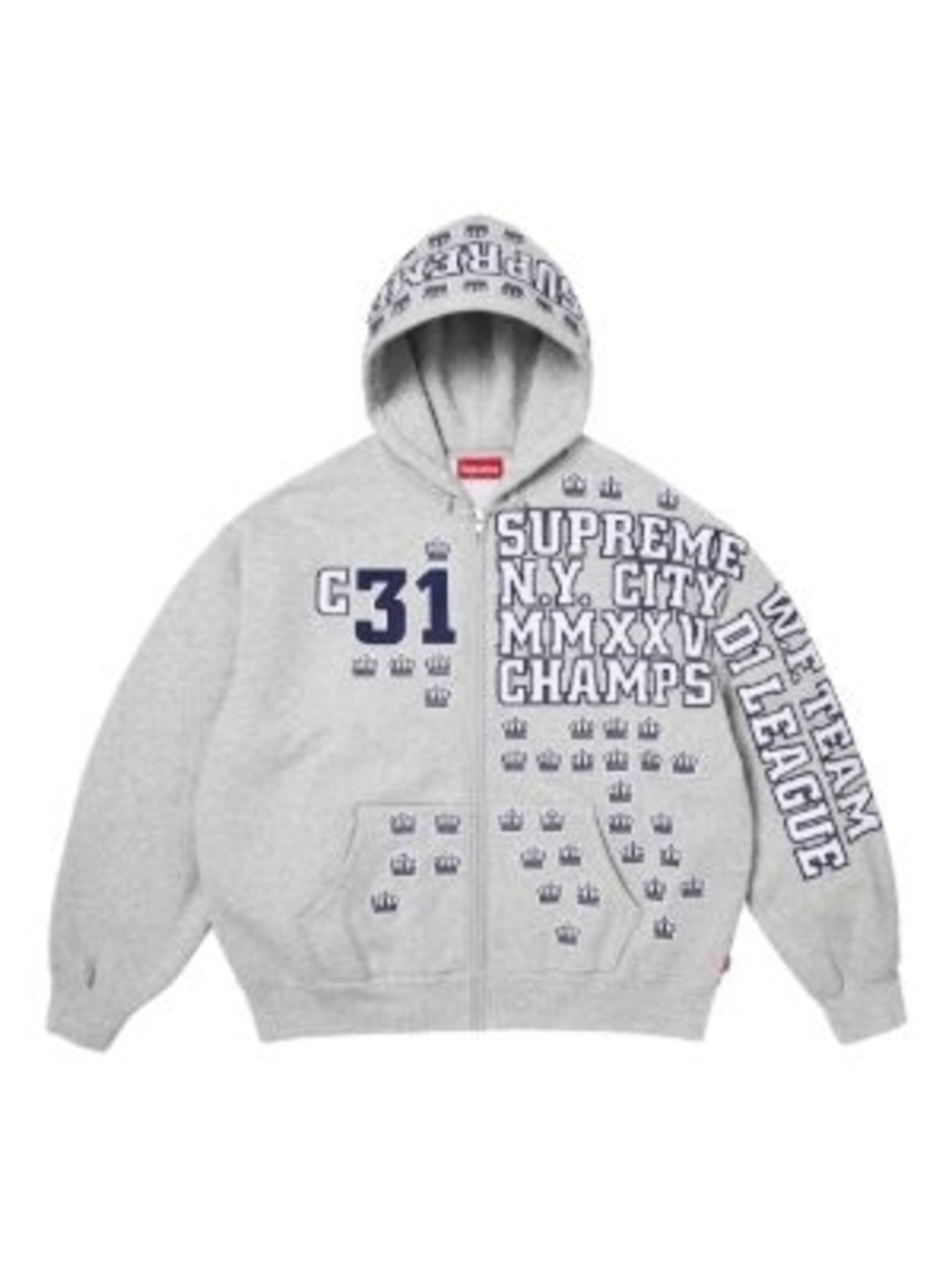 Supreme Light Gray Zip Hoodie with Navy Lettering